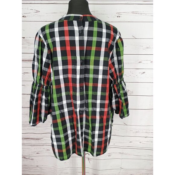 Crown & Ivy Size 2X Green Red White Bell Sleeves Keyhole Neck Button Back Blouse - Picture 3 of 8